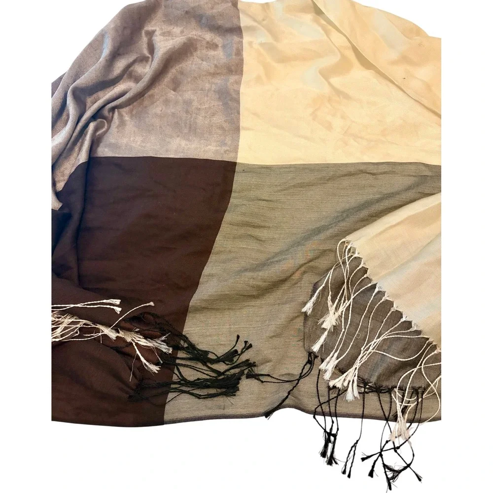 Colorblock Cotton Silk Fringe Wrap Scarf Shawl Taupe Cream Gray 25x70